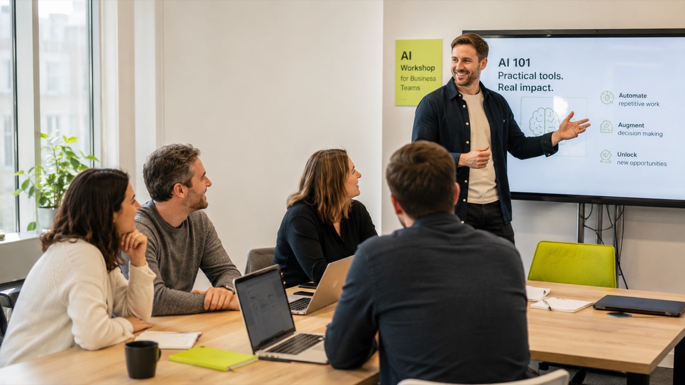 Trainer prezentând un AI Workshop unei echipe de business, cu slide-ul „AI 101 — Practical tools. Real impact.”